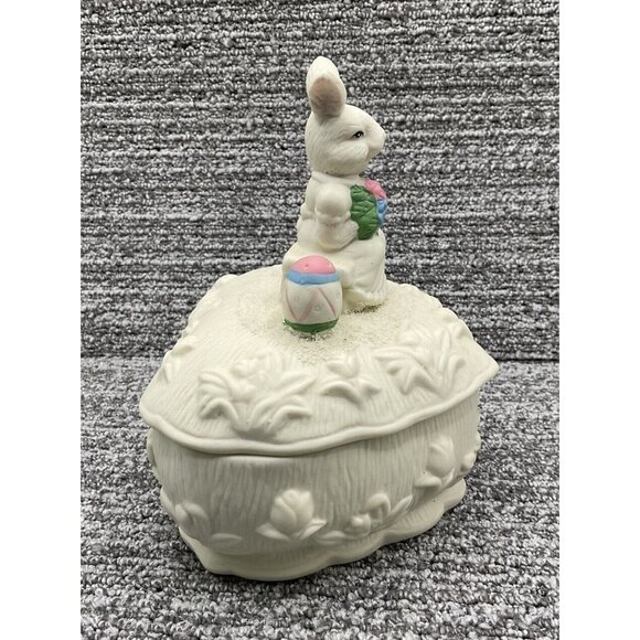 Heart Shaped Bisque Candy Dish Trinket Box Easter Bunny Colored Eggs w Lid 7" T - Picture 5 of 8